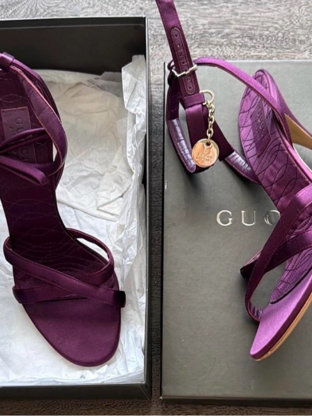Authentic Gucci Purple Satin Strappy Heel Sandals